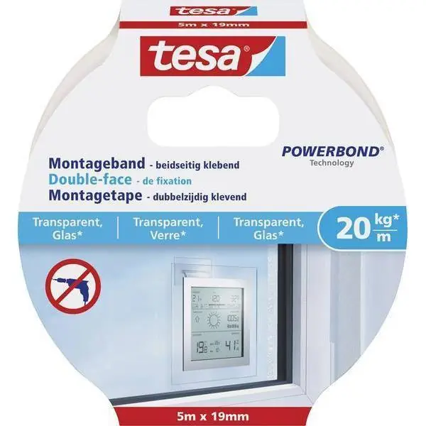 Tesa Powerbond montagetape transparant 19 mm. x 5 meter