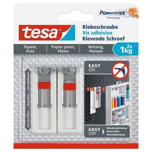 Tesa verstelbare klevende schroef gevoelige oppervlakten 1 kg. (2 stuks)