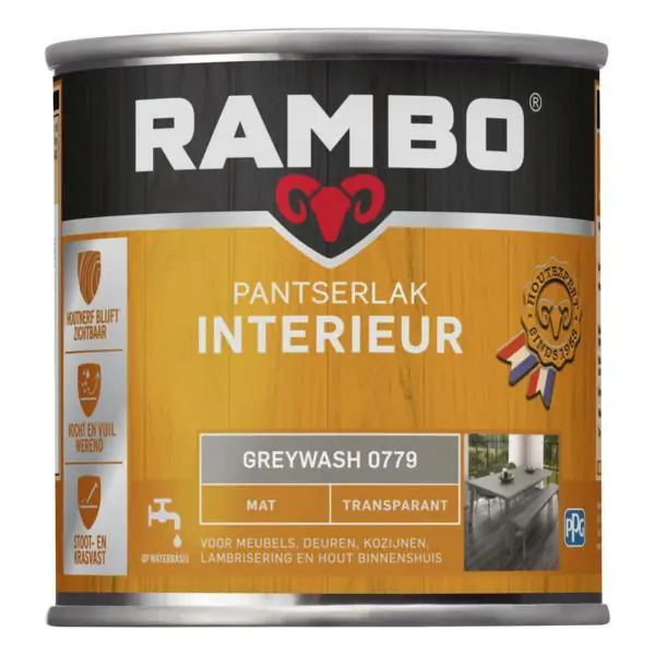 Rambo pantserlak interieur transparant mat greywash 0779 250 ml.