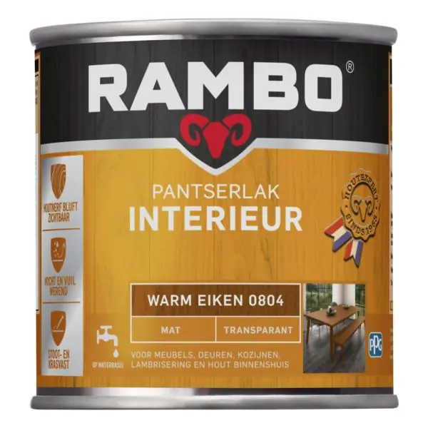 Rambo pantserlak interieur transparant mat warmeiken 0804 250 ml.