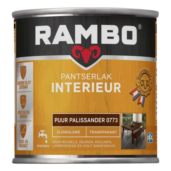 Rambo pantserlak interieur transparant zg palissander 0773 250 ml.