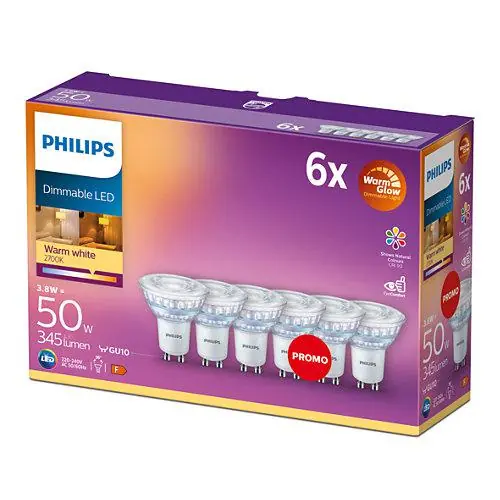 Philips LED spot GU10 3,8W (50W) warm wit dimbaar - 6 stuks