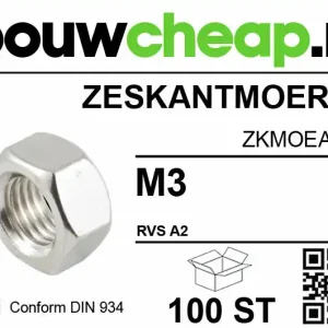 Zeskantmoer RVS M 3 DIN934 (100 ST.)