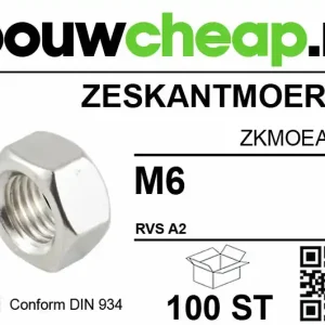 Zeskantmoer RVS M 6 DIN934 (100 ST.)