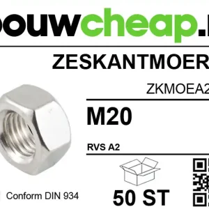 Zeskantmoer RVS M20 DIN934 (50 ST.)