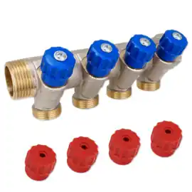 Sanitair Verdeler 4 Groeps Afsluitbaar B/R 1"Bi/Bu. Aftap 3/4"Bu.