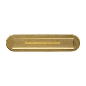 Briefplaat ovaal 340x80mm met klep/regenrand PVD messing getrommeld