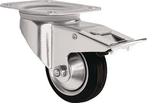 ZWENKWIEL WIEL D. 80MM DRAAGVERMOGEN 70KG MET TOTALE REM VAN MASSIEF RUBBER 10