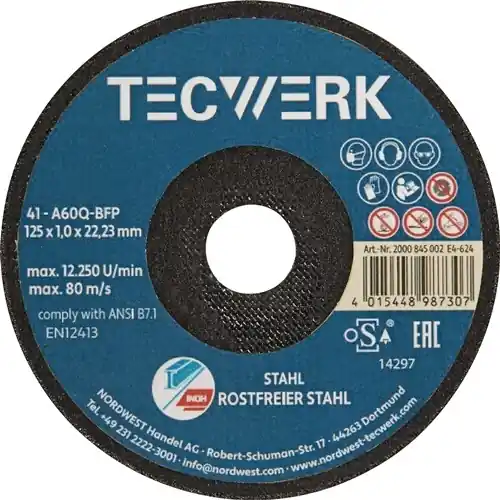 DOORSLIJPSCHIJF D125X1MM RECHT RVS/STAAL GAT D. 22,23MM TECWERK