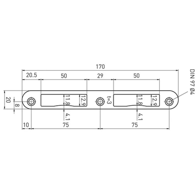 MAUER 416 SL.PLAAT DIN LS/RS L=170X20X3.00MM-U-ZILVER GELAKT