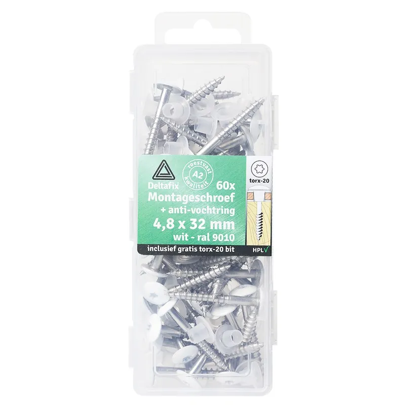 MONTAGESCHROEF KLEUR MET ANTI VOCHTRING EN TX-20 BIT RVS A2 WIT 4.8 X 32 MM 60ST