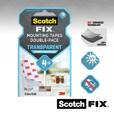 1071425 - SCOTCH-FIX™ TRANSP MONTAGE STRIPS 25MMX76MM, 8 STRIPS/PK