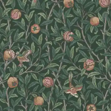 Vliesbehang William Morris at Home Bird & Pomegranate Diepgroen (dessin 124260)