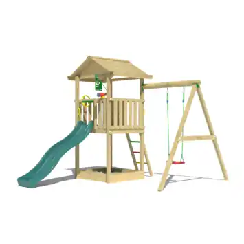 Speeltoestel Jungle Gym House grenen geïmpregneerd met glijbaan donker groen en 1-schommel module