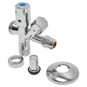 Sanivesk hoekstopkraan dubbele knelfitting met rozet en slangkop 1/2Mx10mmx3/4M chroom