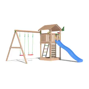 Speeltoestel Jungle Gym Cottage douglas met glijbaan blauw en 2-schommel module