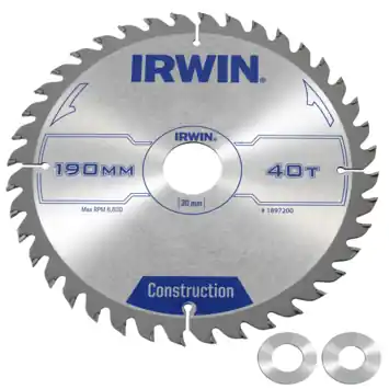 Irwin cirkelzaagblad Ø190 mm. Inclusief reduceerringen waardoor geschikt voor asgat 16, 20 en 30 mm, vertanding 40T