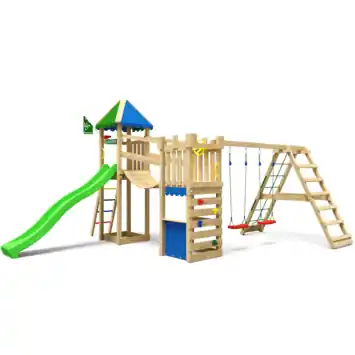 Speeltoestel Jungle Gym Explorer met groenen glijbaan en klimrek van grenenhout