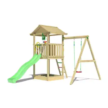 Speeltoestel Jungle Gym met groene glijbaan en schommel van grenenhout