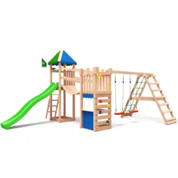 Speeltoestel Jungle Gym Explorer met groenen glijbaan en klimrek van douglashout